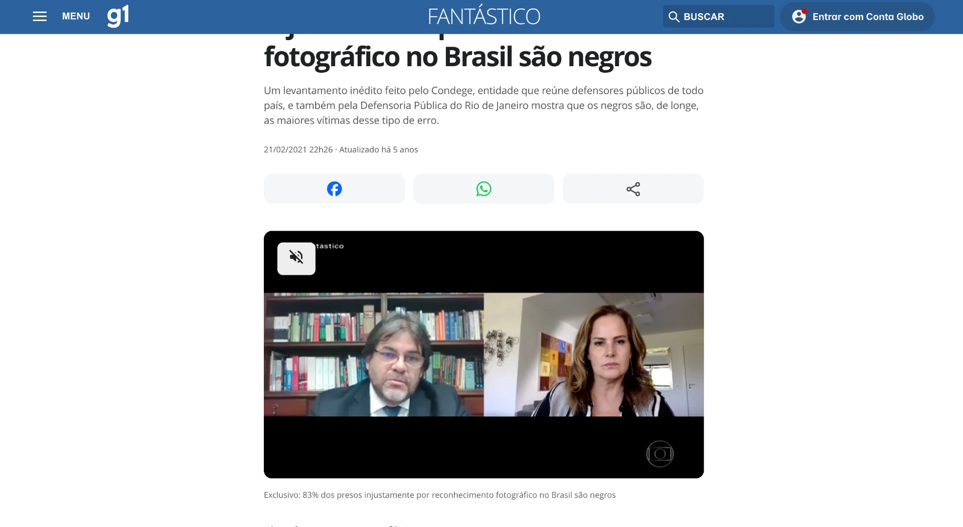 Matéria do Fantástico no G1 sobre reconhecimento fotográfico